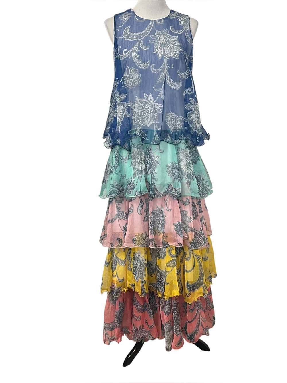 Beulah Style Womens paisley Printed Tiered Ruffle Maxi Dress Sz Small Multicolor